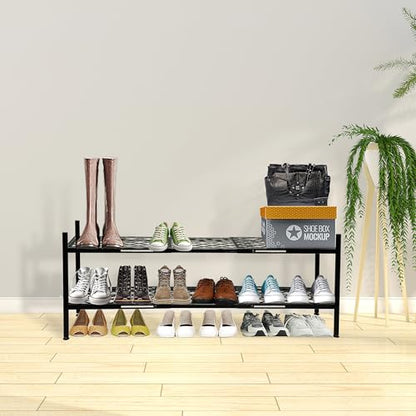 Shoe Rack, 45.6" Expandable Shoe Storage Organizer for Closet - Stackable | 2-Tier Metal Long Shoe Shelf with Sturdy Wire Grid Shoe Stand Holder for Entryway, Garage, Bedroom, Door Entrance, Black