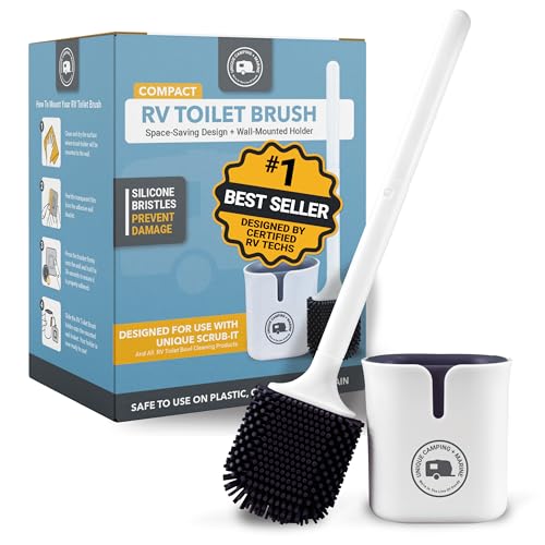 Unique Silicone RV Toilet Brush with Compact Holder | Non-scratch silicone bristles for RV toilet bowl cleaning; wall-mount no-drip holder saves camper bathroom space