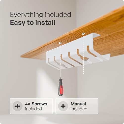 PAMO Cable Management Under Desk, Set of 2 - White | Includes 10 x cable holders, cable clips & screws, easy installation - made of high quality powder coated steel.