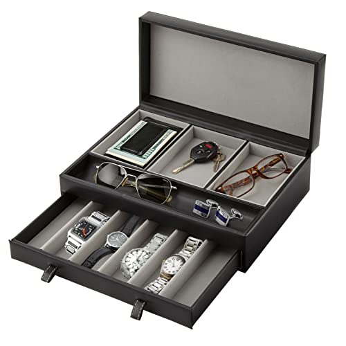 Mens Valet Tray, Men's Jewelry Box, Night Stand Or... (Black & Gray | Faux Leather)
