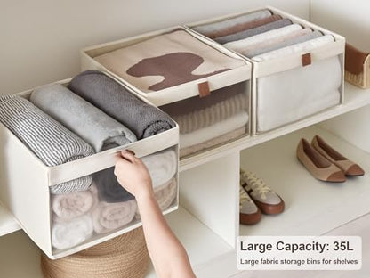 StorageWorks Closet Storage Bins, Extra Large Storage Baskets with Clear Window and Handles, Foldable Fabric Organizer for Clothes, Shelves, Beige, 3 Pack