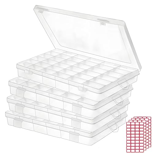 Budreu 4pack 36 Grids Plastic Clear Organizer Box Bead Storage Containers with Adjustable Dividers for Craft Jewelry Fishing Tackles Parts Storage with 4 Sheets Label Stickers