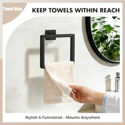 5-Pieces Matte Black Bathroom Accessories Set, 16 Inch Bath Towel Bar Set | Stainless Steel, Towel Ring, Toilet Paper Holder, Robe Hooks, Towel Racks for Bathroom Wall Mounted, Bathroom Hardware Set