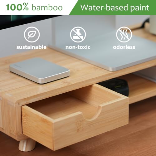 Bamboo Monitor Stand Riser with Drawer | Ergonomic Computer Riser for Desk with Cable Management & Storage Organizer, Wood Monitor Stand for Home Office