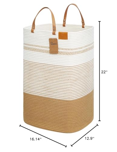 Large Laundry Hamper – 75L Tall Woven Cotton Storage Basket with Leather Handles, Slim Dirty Clothes Hamper, Decorative Storage Basket for Blanket,Toys White & Jute
