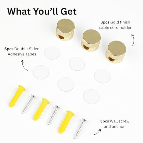3PCS Premium Cord Holder for Nightstand, Computer Cord Organizer for Desk, Appliance Cord Organizers, Stick-On Cable Clip for Charger, Laptop, USB, Headphones, Wire Management Set, Gold