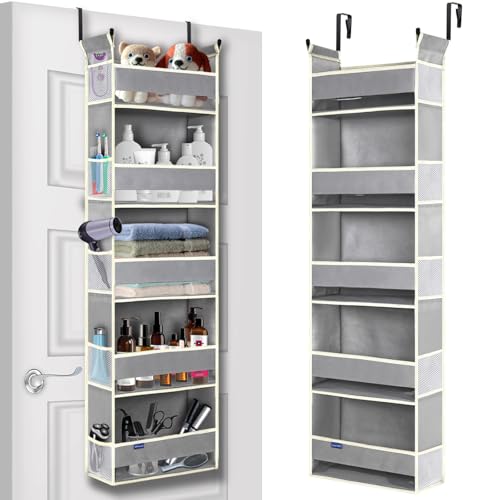 Over The Door Organizer 5-Shelves and 10 Side Pockets, Over The Door Storage for Bathroom Bedroom Nursery, Hanging Door Organizer for Baby Diapers and Kids Toys (13"x5"x44", Grey)