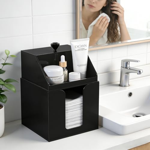 Anyoifax Disposable Facial Towels Storage Double Layer Acrylic Box, Black | Face Towelettes Holder with Clean Skin Club Clean Towel XL Cotton Pads Container Qtip Bin for Bathroom Counter