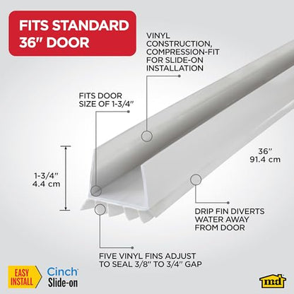 M-D Building Cinch® U-Shape Slide-On Under Door Seal, White, 36in