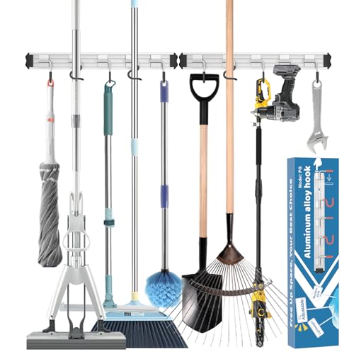 Mop and Broom Holder Wall Mount Garden Tool Rack Organizer | Modern Style, Movable Aluminum Alloy Wall Mounted Hook, Storage Gift for Bathroom, Closet, Laundry Room, Garage, Tool Room