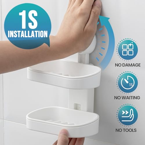 TAILI Soap Holder, Soap Dish for Shower Suction Cup, Bar Soap Holder, White | 2 Layer Removable Soap Holder Shower, Soap Tray for Shower Wall, Drill Free Sponge Holder, Bathroom & Kitchen, No drill