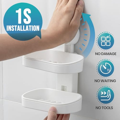 TAILI Soap Holder, Soap Dish for Shower Suction Cup, Bar Soap Holder, White | 2 Layer Removable Soap Holder Shower, Soap Tray for Shower Wall, Drill Free Sponge Holder, Bathroom & Kitchen, No drill