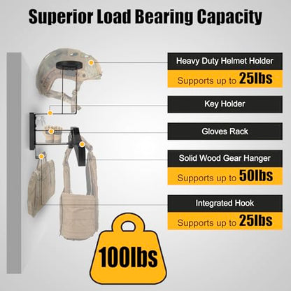 Tactical Gear Stand, Supports 100 LBS Wall Mounted Police Gear Rack, Heavy-Duty Body Armor Stand, Solid Wood Airsoft Plate Carrier Hanger, Motorcycle Helmet Holder Wall Mount