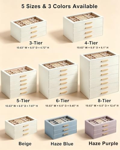Lolalet Jewelry Box Organizer, 3-Layer Jewelry Storage Case -Beige | Jewellery Organizers and Storage with Glass Window, Ring Earring Bracelet Necklace Holder, Birthday Gifts for Women Girls Mom