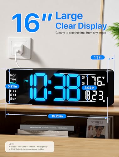 MASHI Digital Wall Clock, 16" Large Display Digital Clock with Remote Control, Auto-Dimming Wall Clock with Night Light, DST, Date Week,Temp for Living Room, Bedroom, Decor, for Elderly