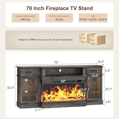 MXV 70" Fireplace TV Stand, 3-Sided Glass Fireplace and Modern Entertainment Center, Wooden Media Console with Glass Doors & Storage Drawers, LED Light, for Living Room, Grey