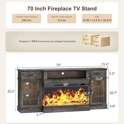MXV 70" Fireplace TV Stand, 3-Sided Glass Fireplace and Modern Entertainment Center, Wooden Media Console with Glass Doors & Storage Drawers, LED Light, for Living Room, Grey