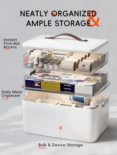 Medicine Organizer Box, 3-Tier Medicine Storage Box with Clear Trays and Carry Handle, Empty First Aid Kit Organizer for Pills, Bottles, Bandages, Home Cabinet