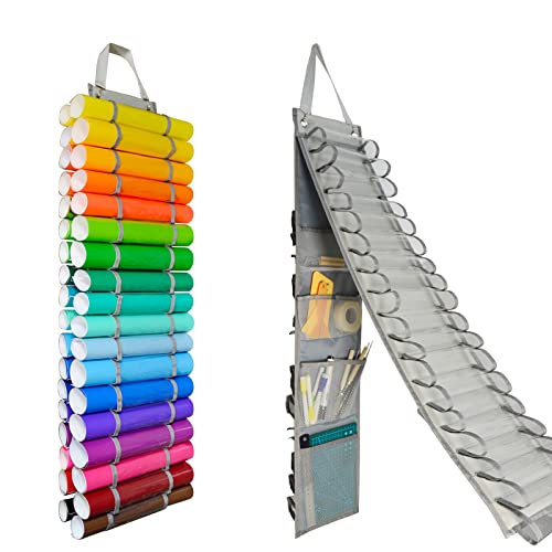 Tunnkit Vinyl Roll Holder, 36 Compartments with 7 Mesh Pockets Storage | Vinyl Storage Organizer, Wall Mount/Over The Door Vinyl Roll Storage, with 2 Hooks and 2 Hanging Straps, Grey
