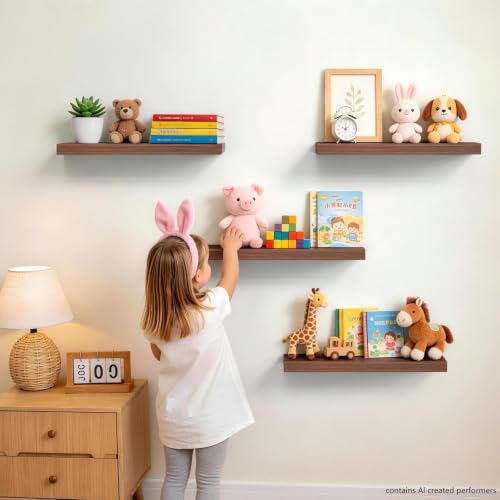 BAYKA Walnut-Like Floating Shelves 15.7in, 3 Pack, Wall Mount Rustic Shelf | 22lbs Max Load, Hidden Bracket, for Bathroom Bedroom Kitchen Display Storage Decor, Easy Install, Multi-Wall Compatible