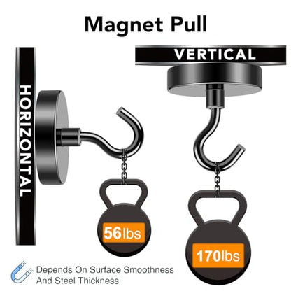 Magnetic Hooks Heavy Duty 170LB+ Strong Black Magnets Hook | Rare Earth Neodymium Hooks with Epoxy Coating Cruise Magnets with Hook for Hanging Refrigerator Garage 6 Pack