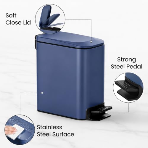 TIPGO Slim Bathroom Trash Can with Lid Soft Close, Step Pedal, 6 Liter / 1.6 Gallon Stainless Steel Trash Bin, Small Garbage Can for Bedroom, Office, Kitchen (Navy Blue)