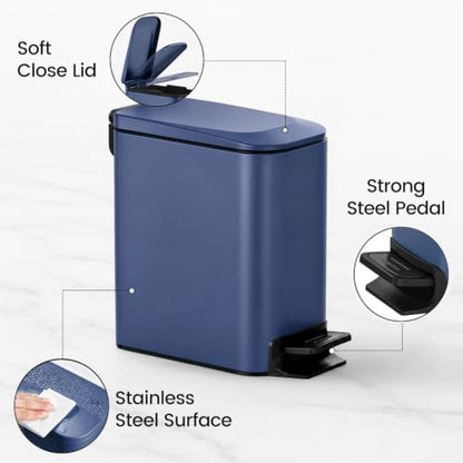 TIPGO Slim Bathroom Trash Can with Lid Soft Close, Step Pedal, 6 Liter / 1.6 Gallon Stainless Steel Trash Bin, Small Garbage Can for Bedroom, Office, Kitchen (Navy Blue)