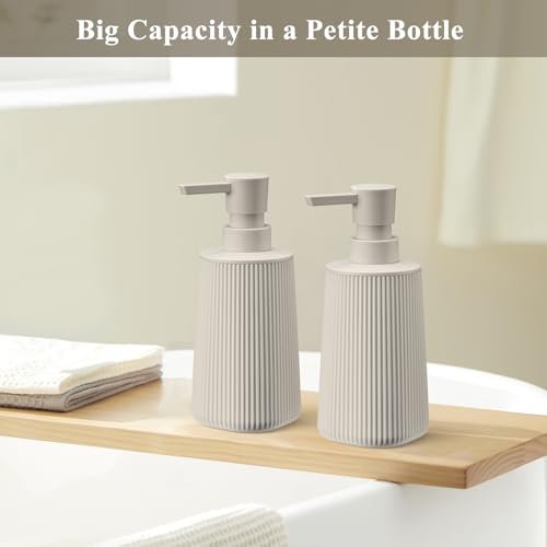 Beige 2 Pack Hand Soap Dispensers Set | with No Rust Pump for Bathroom and Kitchen Countertops Refillable Matte Striped Plastic 8.5 oz