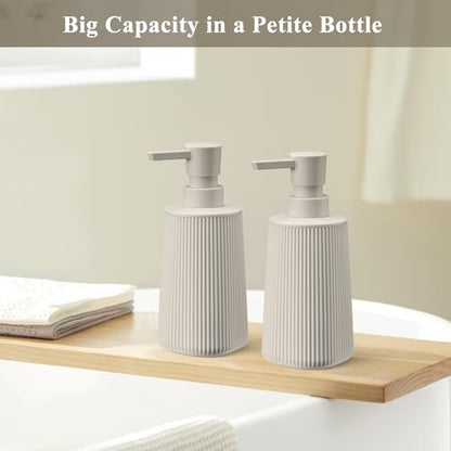 Beige 2 Pack Hand Soap Dispensers Set | with No Rust Pump for Bathroom and Kitchen Countertops Refillable Matte Striped Plastic 8.5 oz