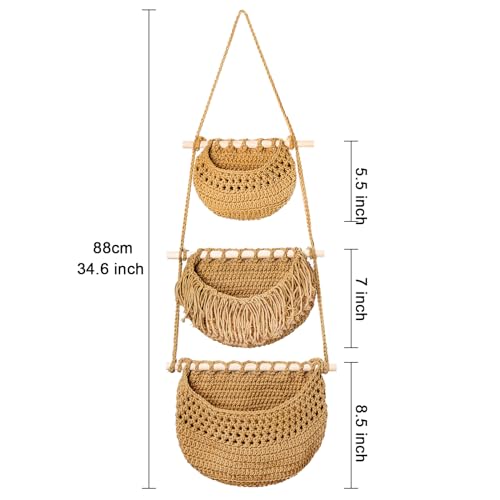Lawei 3 Tier Hanging Fruit Basket, Wall Hanging Vegetable Fruit Baskets Cotton Woven Storage Baskets for Organizing, BOHO Wall Basket Decor, Over the Door Organizer for Kitchen, Bedroom, Bathroom