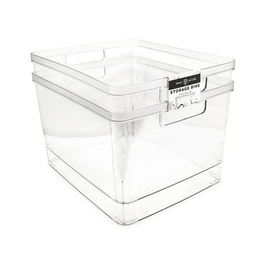 Isaac Jacobs 2-Pack Extra-Large Clear Storage Bins (11.5” L x 14” W x 9” H) | Cutout Handles, Plastic Organizer for Home, for Kitchen, Fridge, Pantry, BPA Free, Food Safe (2-Pack, Extra-Large)
