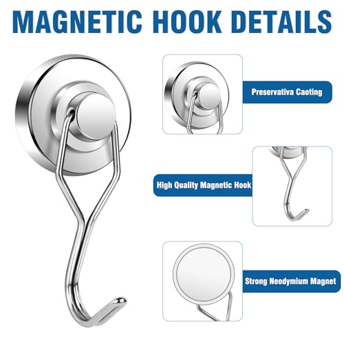 Magnetic Hooks 80LBS Swivel Swing Magnet Hooks Heavy Duty 10 Pack | Strong Neodymium Magnetic Hook for Cruise Cabins Refrigerator Hanging Garage Workshop Office and Kitchen Silver