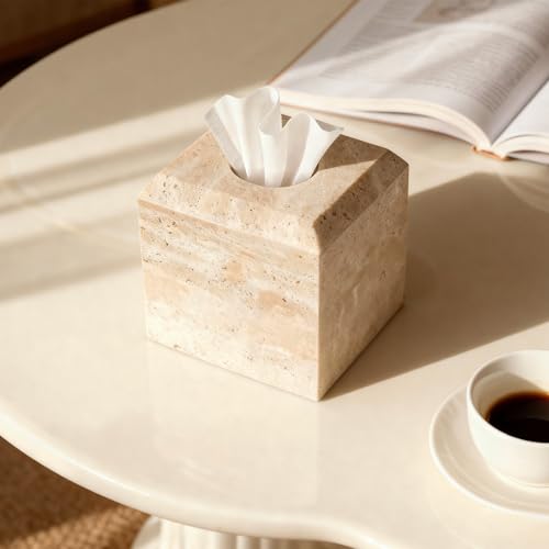 Tissue Box Cover Italy Natural Travertine Stone Heavy Duty Square Facial Toilet Paper Holder for Bathroom Living Room Bedroom Dresser Kitchen Minimalistic Office Home Decor Beige (TBC145WT)