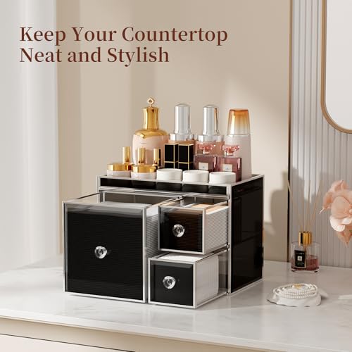 CoralHouse Face Towel Holder with 3 Drawers for Bathroom, Smoky Gray | Smoky gray tempered glass, 3 drawers and raised-edge top for disposable face towels, cotton pads, swabs and skincare