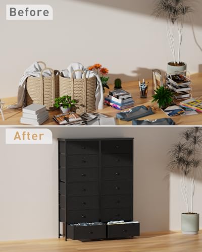 Mifuro Tall Fabric Dresser for Bedroom, Vertical Storage Organizer Tower with 7 Drawers, Chest of Drawers with Bins, Steel Frame, Wood Top for Bedroom, Closet, Entryway Black