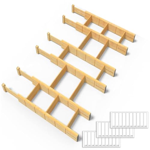SpaceAid Bamboo Drawer Dividers with Inserts and Labels, Kitchen Adjustable Drawer Organizers, Expandable Organization for Home, Office, Dressers and Bathroom, 6 Dividers with 12 Inserts (17-22 in)