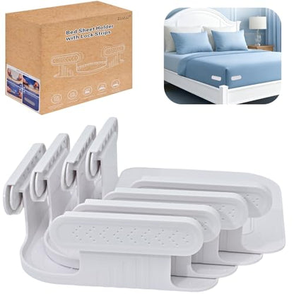 Upgrade Bed Sheet Holders for Corners, Lock Sheet Holders, Fasteners Sheet Keep Sheets Firm & Tight, Durable Heavy Duty Bed Fitted Sheet Clips, Sheet Locks, Fit All Mattress - 4Pcs White