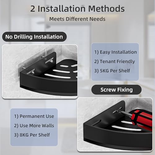 Black Corner Shower Caddy, Triangle Shower Shelf No Drilling, Metal | Rustproof Aluminium, Adhesive & Drill Installation, Wall Mounted, 2 Pack, Bathroom Shampoo Holder for Toiletries