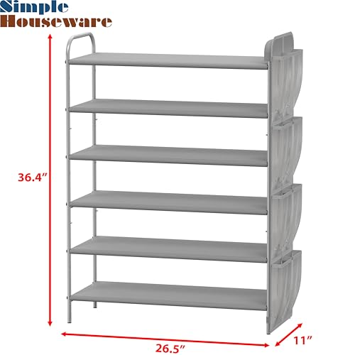 Simple Houseware 6-Tier Shoe Rack Organizer w/Side Hanging Pockets, Grey | Holds 18–28 Pairs, Tall Shoe Storage for Closet, Entryway, or Garage