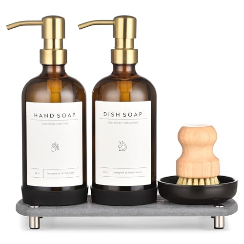 [Luxury] Kitchen Soap Dispenser Set - 16OZ Amber Glass Bottle, Stainless Steel Pump, Instant Dry Tray, Waterproof Labels, Non-Slip Silicone Pad, and Dish Brush | Upgrade for Your Kitchen and Bathroom