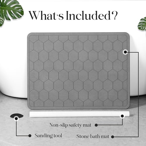 Diatomaceous Earth Stone Bathmat | Eco-Friendly XL Stone Bath Mat 18x24 Inch. Instant Dry Bathroom Mat with Sandpaper & Pads. Multiuse, Kitchen Counter & Stone Dog Bowl Mat (1, Grey)
