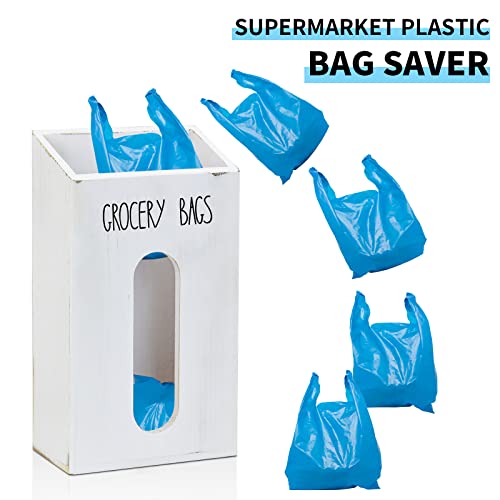 Farmhouse Grocery Bag Holder for Kitchen, Wooden Plastic Bags Holder for Supermarket shopping carrier Recycle, Wall Mounted Garbage Bag Dispenser with Extra-Wide & Easy-Access Openings, White