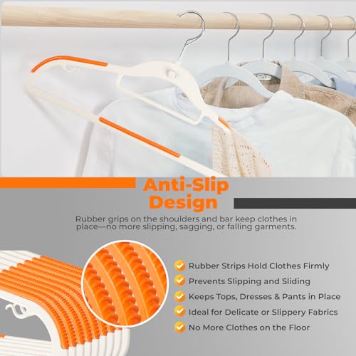 Lightweight White Plastic Hangers 20 Pack with Cascading Hook, Space Saving Thin, Closet Organizer, Orange Anti-Slip Pads, 360° Swivel, Tie Holder