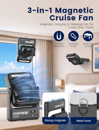 2-Pack Magnetic Cruise Approved Fan with Night Light, 10000mAh Ultra-Slim Travel Fan, Hook Design, Portable Fan for Cruise Ship Cabin, Bedroom Sleeping, Camping, Travel & Cruise Essentials 2026