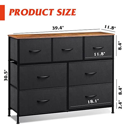 WLIVE Dresser for Bedroom, 7 Drawers, TV Stand, Rustic Brown | 7 roomy fabric drawers, Fits TVs up to 45 inch, Bedroom or living room, Wide storage design, Chest of drawers
