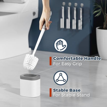 Toilet Brush and Holder Set, Space Saving, 4 Pack, White | Bathroom Accessories, Ergonomic Silicone Handle, Dense Bristles, Deep Cleaning, with 4 Crevice Brushes, Compact Design
