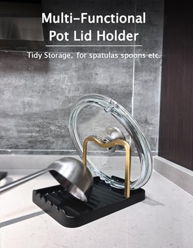 Anti-Rust Metal Spoon Rest with Lid Holder While Cooking, Black Gold | Durable Heat-Resistant Spoon and Lid Rest with Non-Slip Pads, Kitchen Pot Lid Holder for Countertop & Stovetop