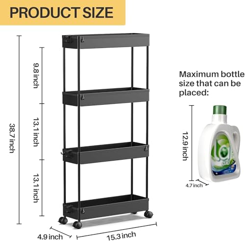 SPACEKEEPER Slim Rolling Storage Cart, 4 Tier Bathroom Cart Organizer,Black | Narrow Rolling Cart with Wheels for Kitchen Office Bathroom Laundry Room,Mobile Utility Cart for Craft Art Makeup Nail Polish