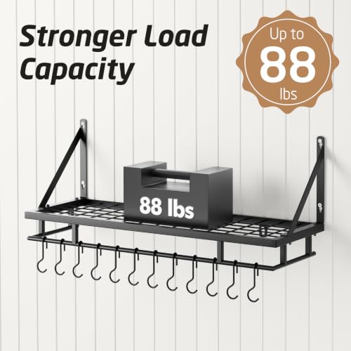 KES 30-Inch Kitchen Pan Pot Rack Wall Mounted, Hanging Storage Organizer | 88 Lbs Capacity, Wall Shelf with 12 Sturdy Hooks, 16-Inch Stud Mount, Matte Black, KUR215S75A-BK