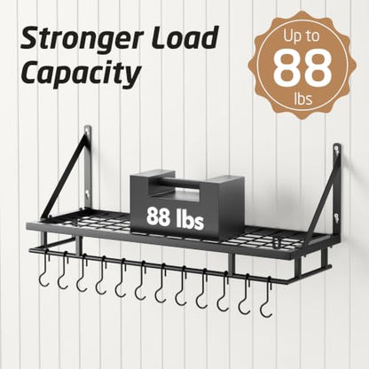 KES 30-Inch Kitchen Pan Pot Rack Wall Mounted, Hanging Storage Organizer | 88 Lbs Capacity, Wall Shelf with 12 Sturdy Hooks, 16-Inch Stud Mount, Matte Black, KUR215S75A-BK
